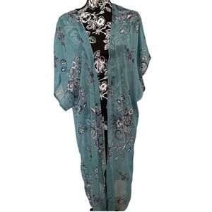 Aqua & White floral Kimono one size semi  Sheer open front